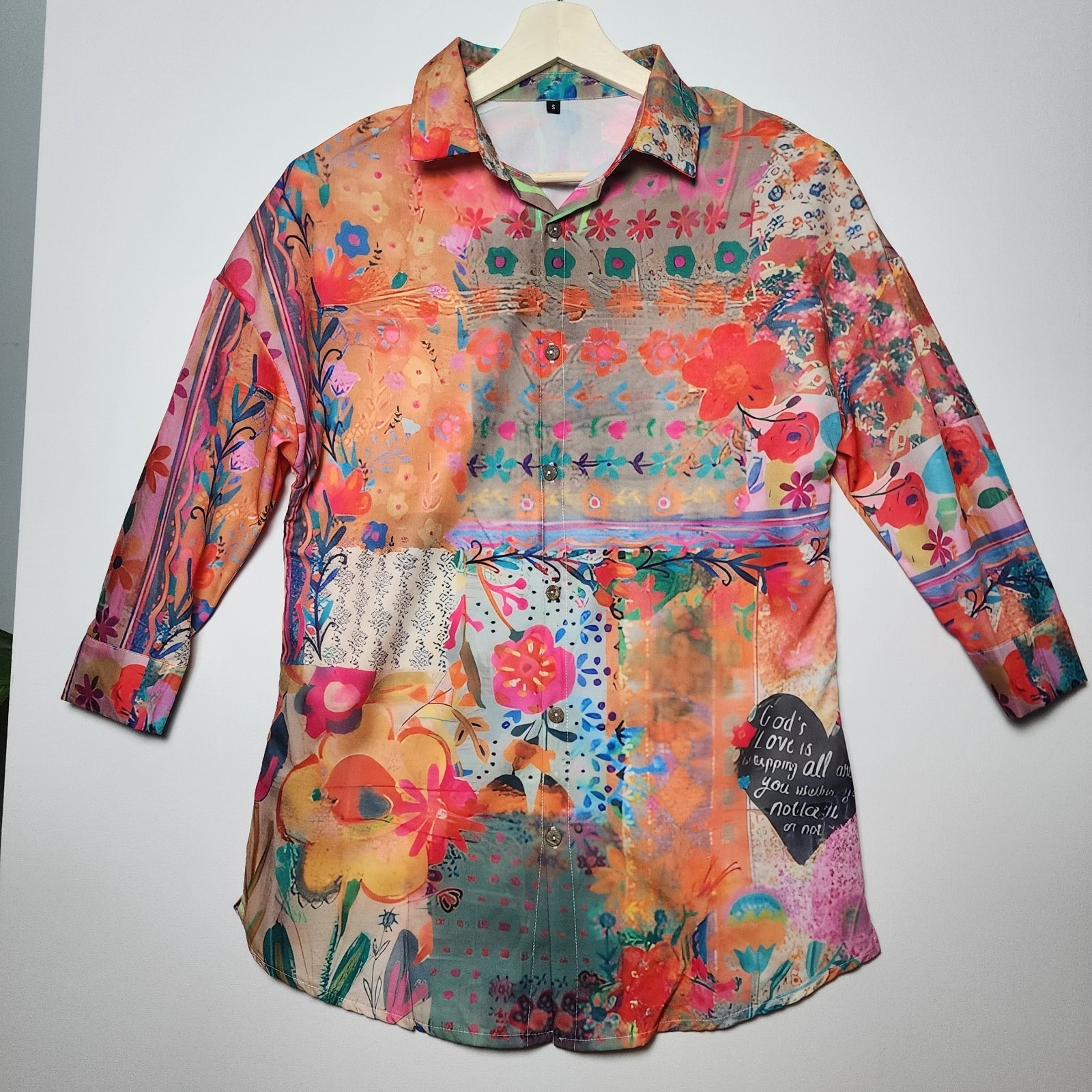 Floral Patchwork Mixed Print Multi Color Button Down Shirt Size Small